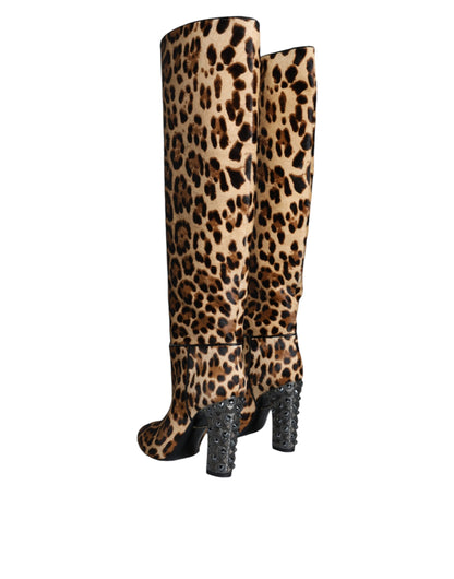 Dolce &amp; Gabbana Beige Schwarz Leopard Kniehohe Stiefel Schuhe
