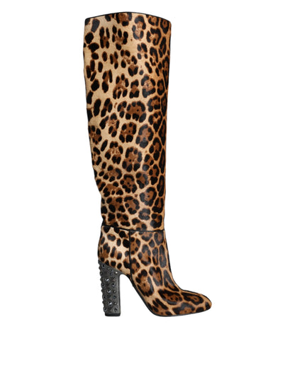 Dolce &amp; Gabbana Beige Schwarz Leopard Kniehohe Stiefel Schuhe