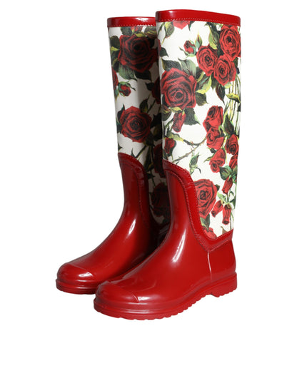 Dolce &amp; Gabbana Rote, florale Gummistiefel mit kniehohen, flachen Schuhen