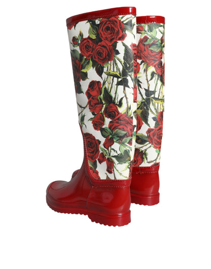 Dolce &amp; Gabbana Rote, florale Gummistiefel mit kniehohen, flachen Schuhen