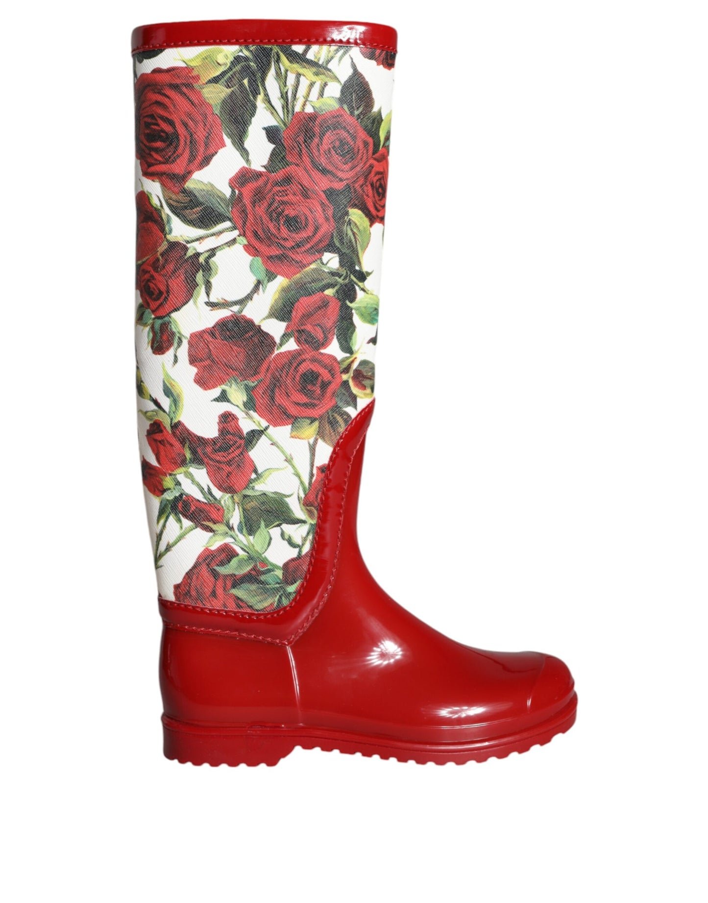 Dolce &amp; Gabbana Rote, florale Gummistiefel mit kniehohen, flachen Schuhen