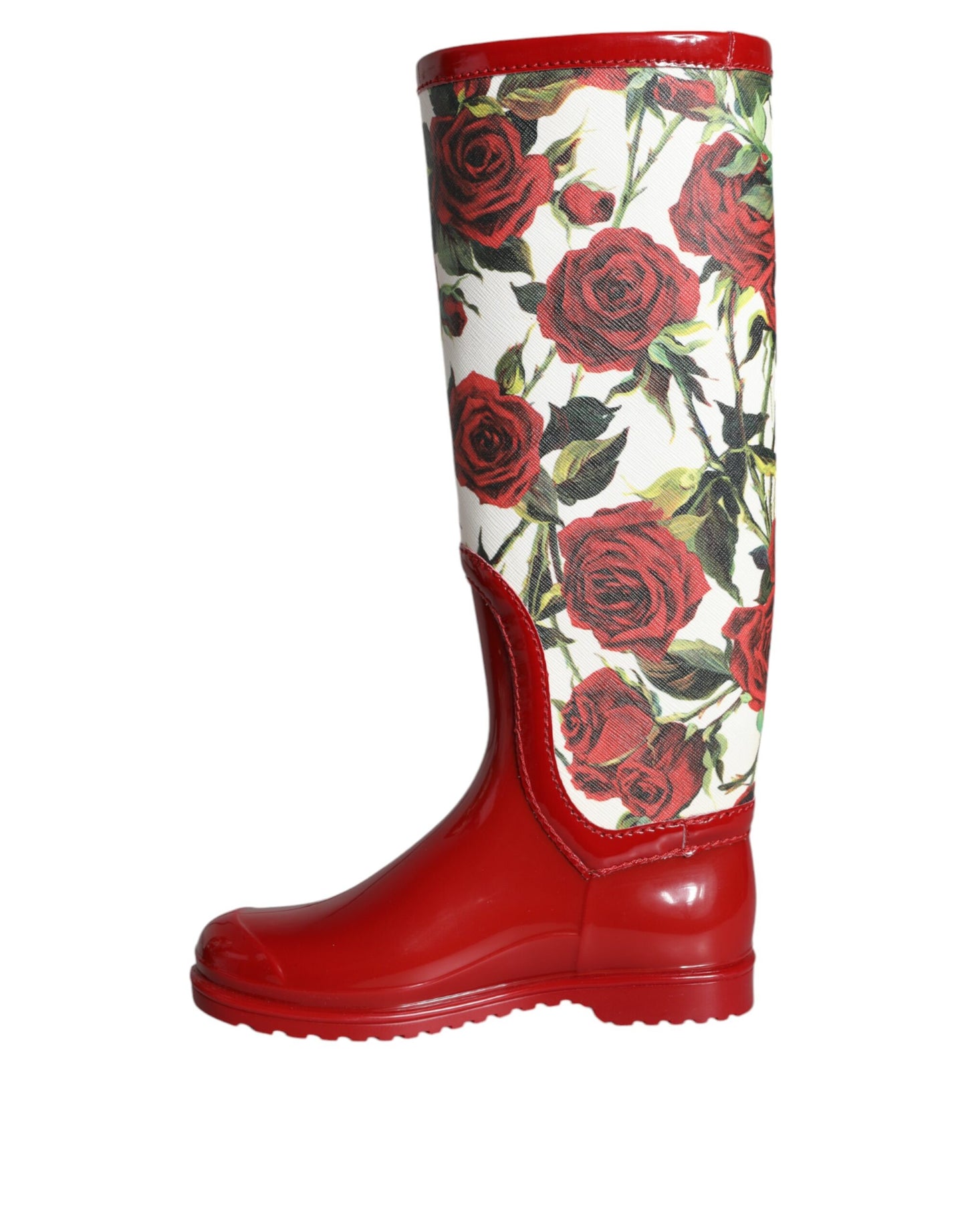 Dolce &amp; Gabbana Rote, florale Gummistiefel mit kniehohen, flachen Schuhen