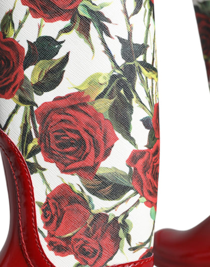 Dolce &amp; Gabbana Rote, florale Gummistiefel mit kniehohen, flachen Schuhen