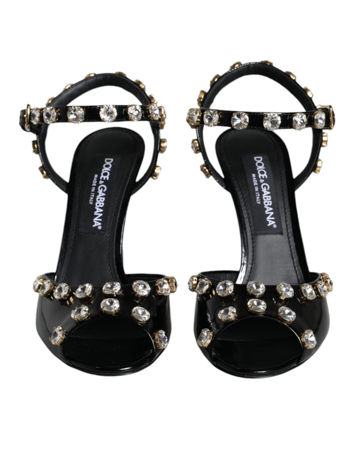 Dolce &amp; Gabbana Schwarze Ledersandalen mit Knöchelriemen und Kristallen