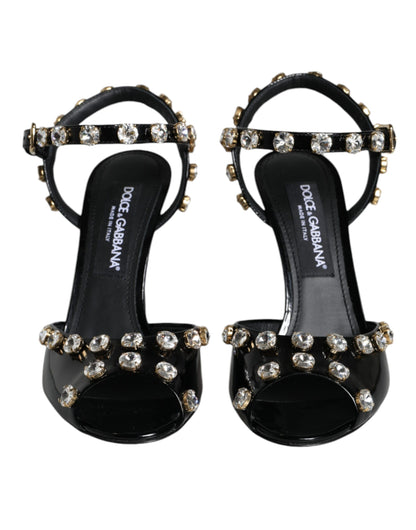 Dolce &amp; Gabbana Schwarze Ledersandalen mit Knöchelriemen und Kristallen