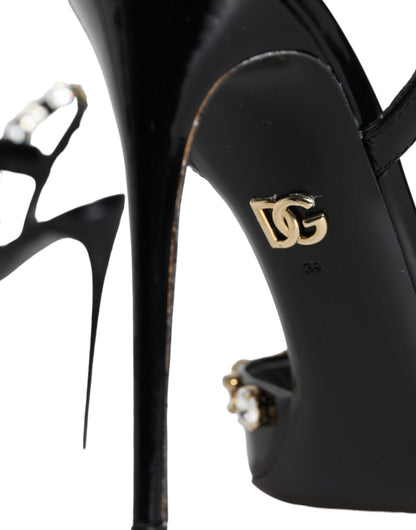 Dolce &amp; Gabbana Schwarze Ledersandalen mit Knöchelriemen und Kristallen