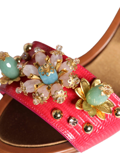 Dolce &amp; Gabbana – Keira – Sandalen aus Fuchsia-Leder mit Verzierung