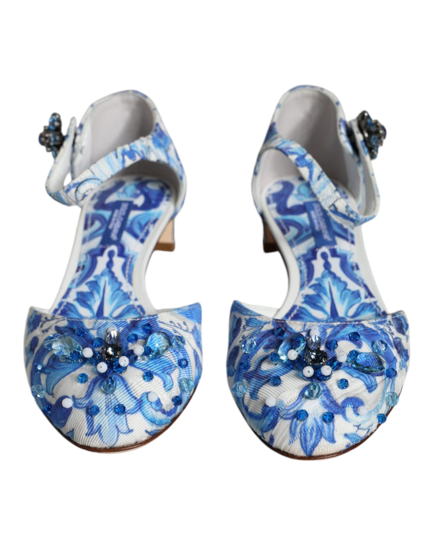 Dolce &amp; Gabbana Weiß Blau Majolika Print Knöchelriemen Sandalen Schuhe