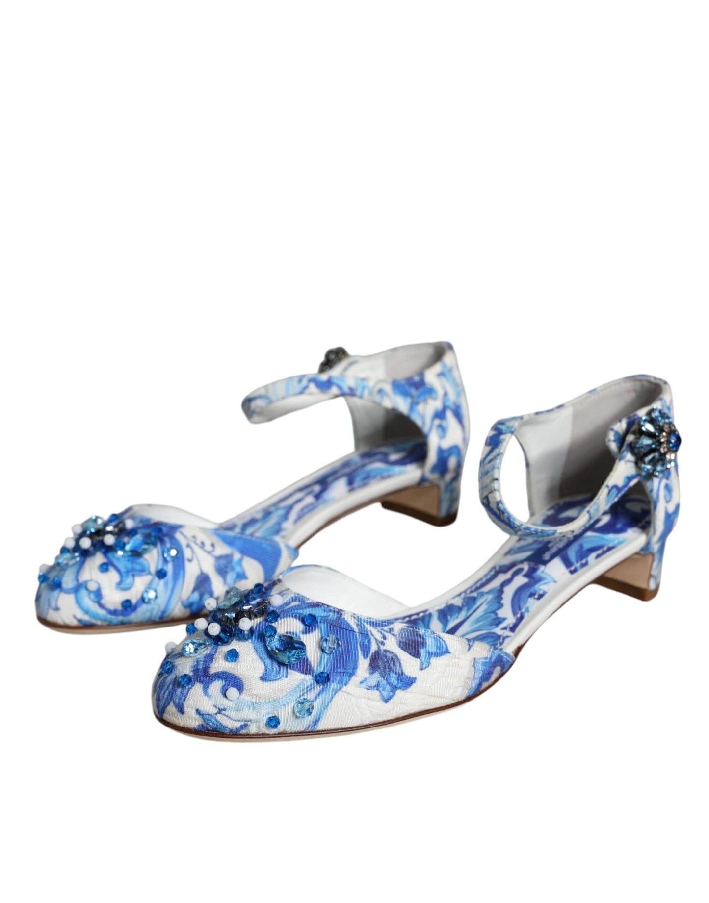 Dolce &amp; Gabbana Weiß Blau Majolika Print Knöchelriemen Sandalen Schuhe