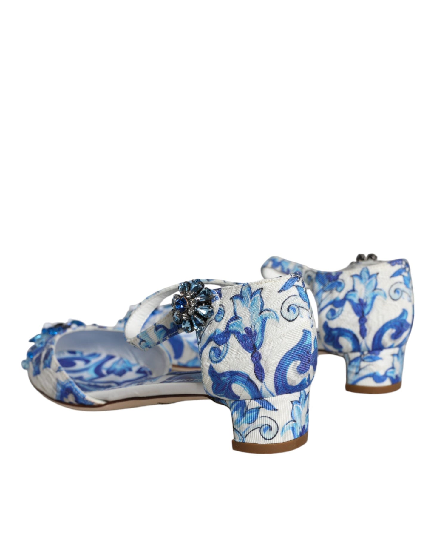 Dolce &amp; Gabbana Weiß Blau Majolika Print Knöchelriemen Sandalen Schuhe