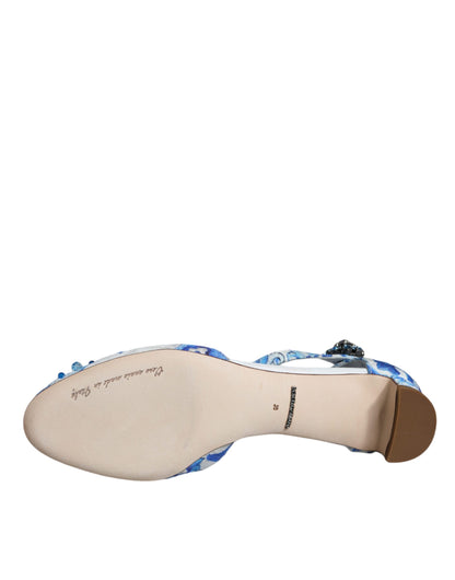 Dolce &amp; Gabbana Weiß Blau Majolika Print Knöchelriemen Sandalen Schuhe
