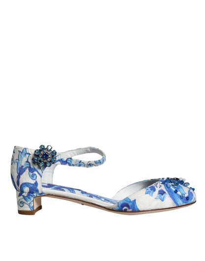 Dolce &amp; Gabbana Weiß Blau Majolika Print Knöchelriemen Sandalen Schuhe