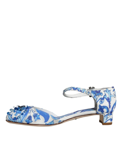 Dolce &amp; Gabbana Weiß Blau Majolika Print Knöchelriemen Sandalen Schuhe