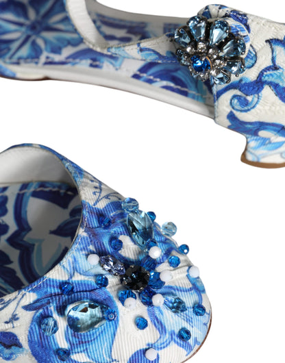 Dolce &amp; Gabbana Weiß Blau Majolika Print Knöchelriemen Sandalen Schuhe