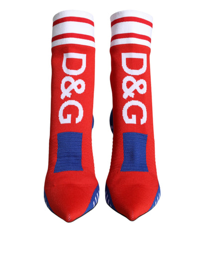 Dolce &amp; Gabbana – Rot-blaue Stretch-Stiefeletten im Sockenstil mit Logo