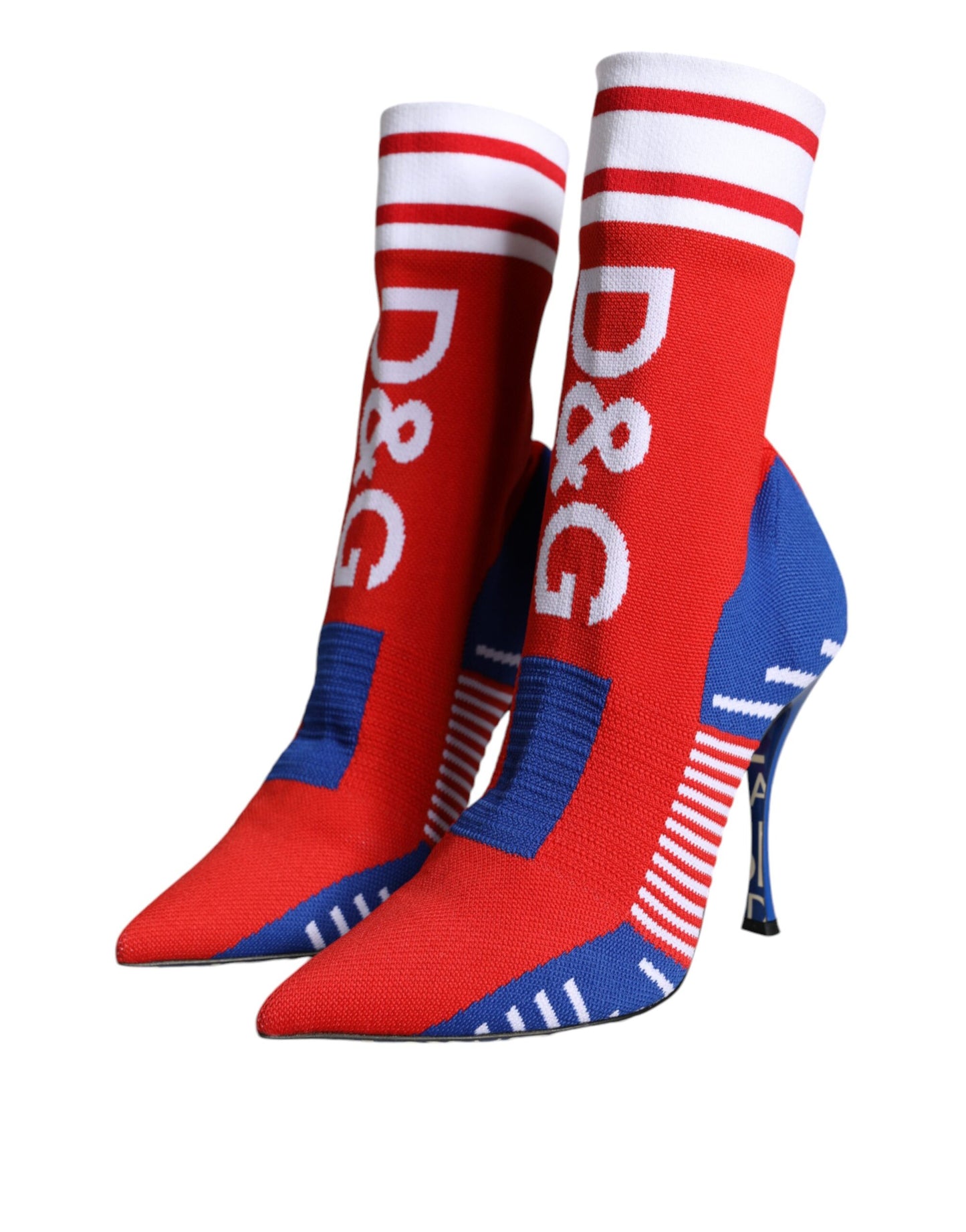 Dolce &amp; Gabbana – Rot-blaue Stretch-Stiefeletten im Sockenstil mit Logo