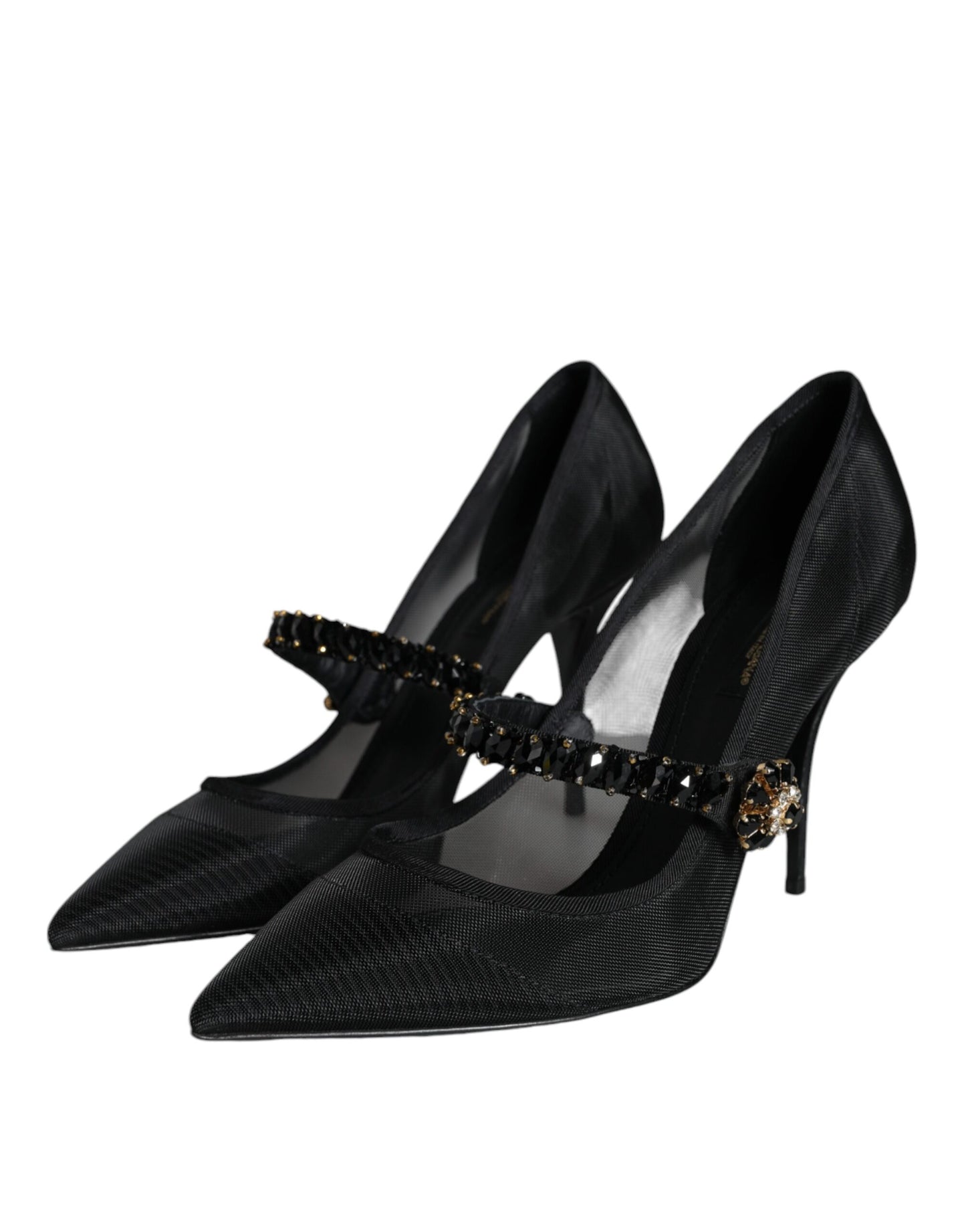 Dolce &amp; Gabbana – Schwarze Mary-Jane-Pumps aus Netzstoff mit Kristallabsatz
