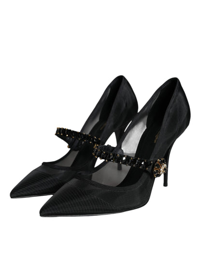 Dolce &amp; Gabbana – Schwarze Mary-Jane-Pumps aus Netzstoff mit Kristallabsatz