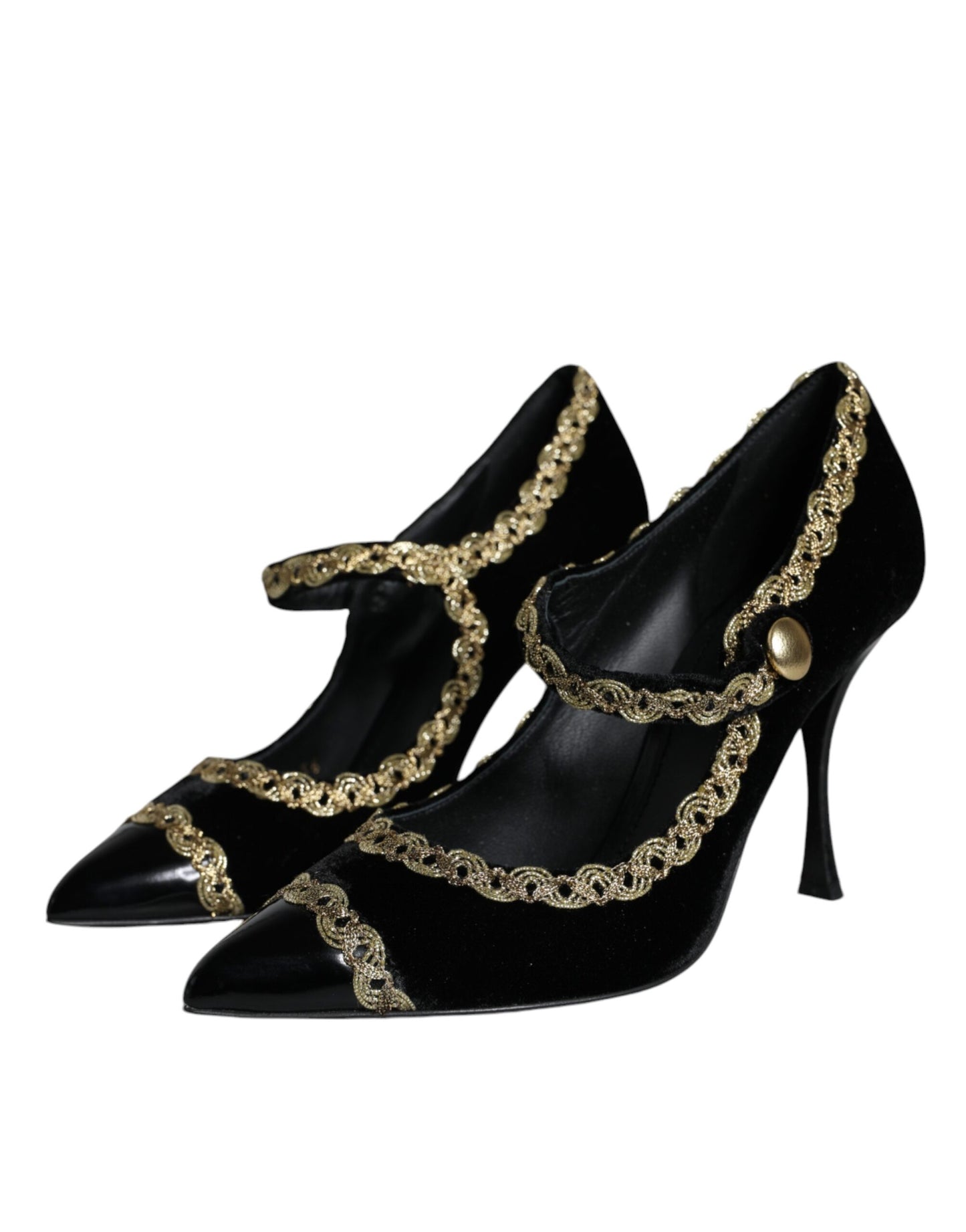 Dolce &amp; Gabbana Schwarze Mary Janes Samt Gold Pumps Schuhe