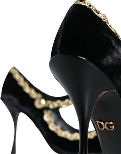 Dolce &amp; Gabbana Schwarze Mary Janes Samt Gold Pumps Schuhe