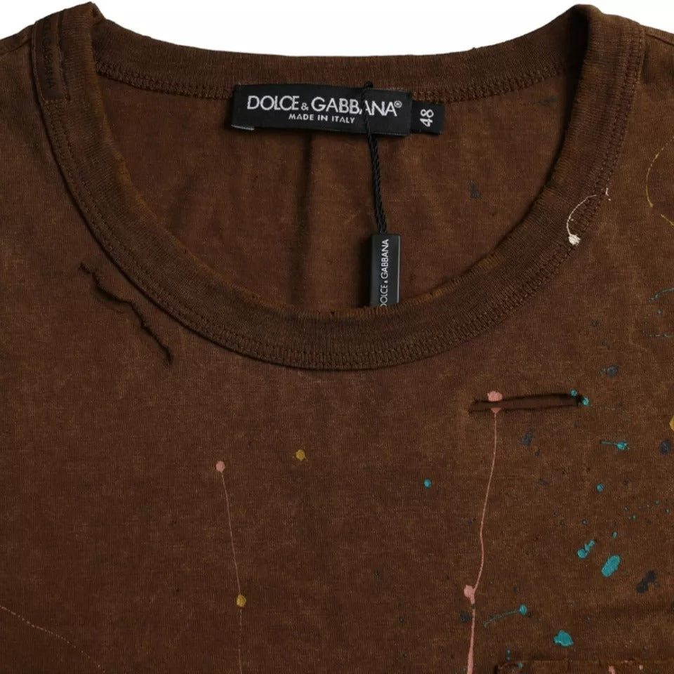 Dolce &amp; Gabbana Braunes T-Shirt aus Baumwolle mit Farbspritzern und Rundhalsausschnitt