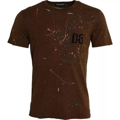 Dolce &amp; Gabbana Braunes T-Shirt aus Baumwolle mit Farbspritzern und Rundhalsausschnitt