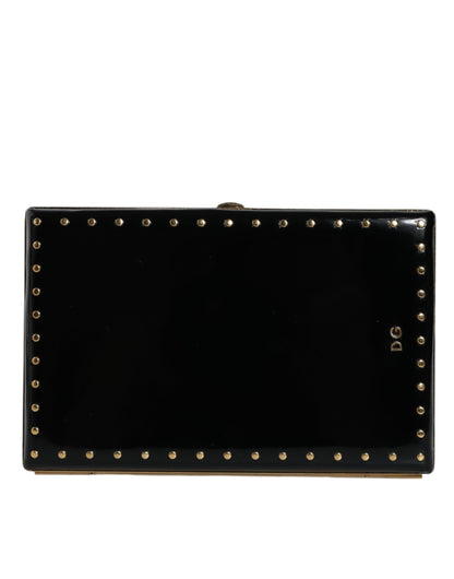 Dolce &amp; Gabbana – Clutch mit goldenem Rahmen und Nieten aus schwarzem Leder, Abendtasche