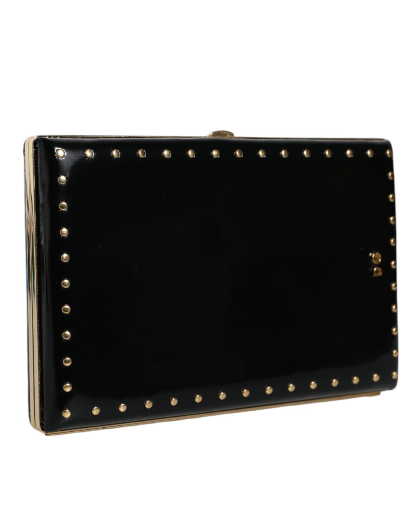 Dolce &amp; Gabbana – Clutch mit goldenem Rahmen und Nieten aus schwarzem Leder, Abendtasche