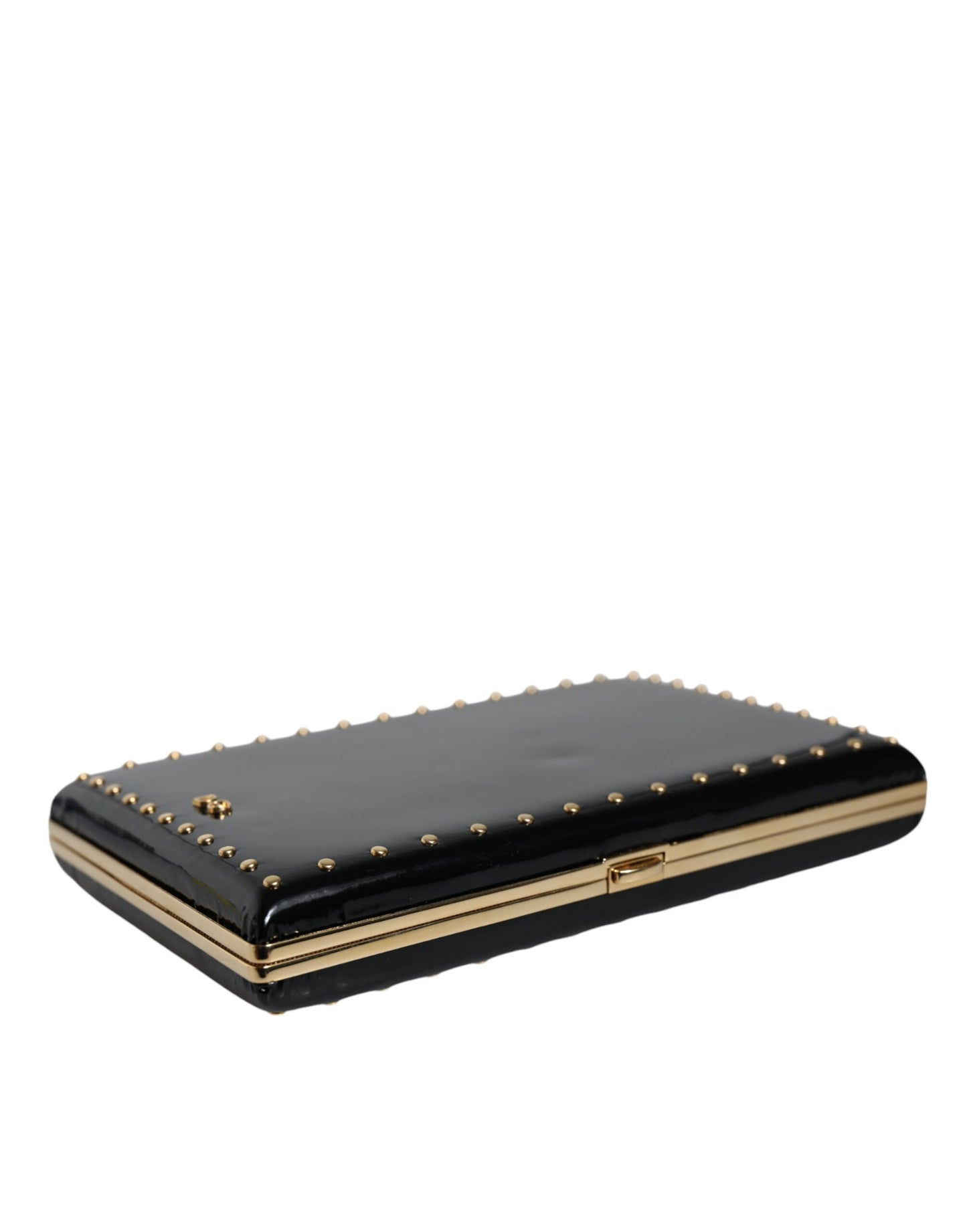 Dolce &amp; Gabbana – Clutch mit goldenem Rahmen und Nieten aus schwarzem Leder, Abendtasche