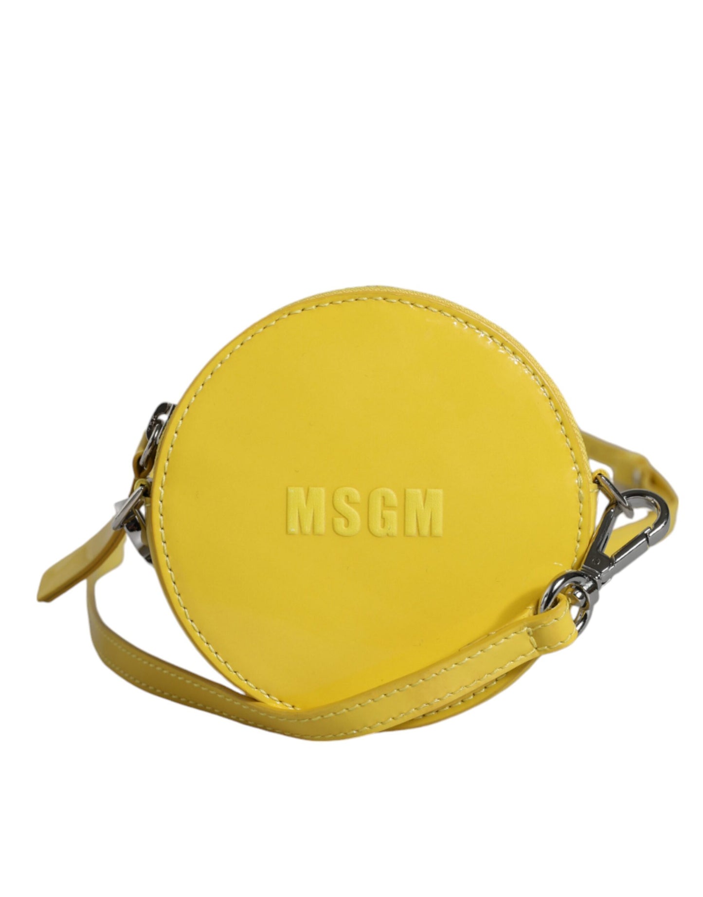 Runde Umhängetasche aus gelbem Leder mit Logo von MSGM