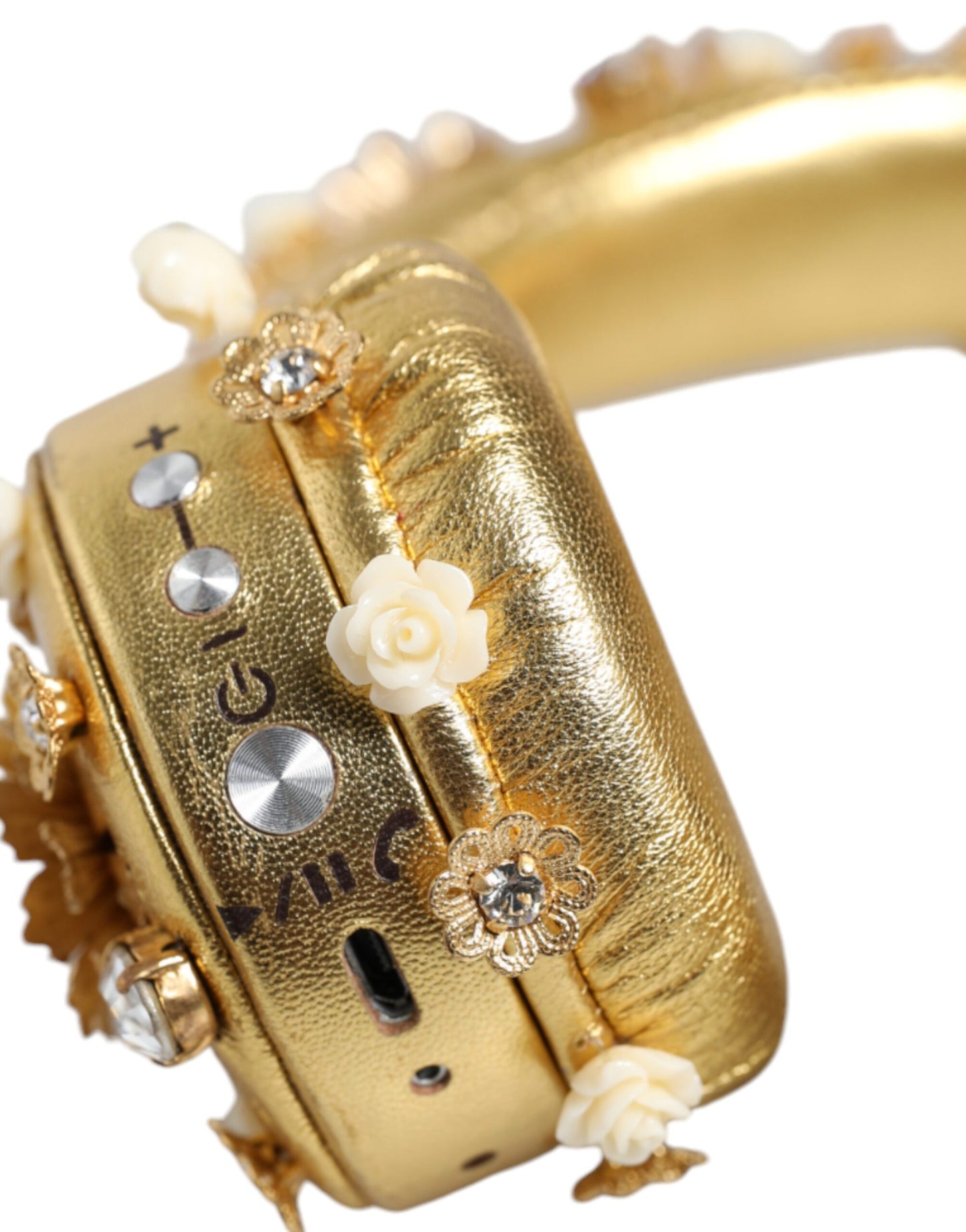 Dolce &amp; Gabbana – Engel-Kopfhörer aus goldenem Leder mit Blumenmuster und Kristallen