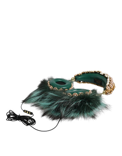Dolce &amp; Gabbana Grün Gold Kristall Pelz Headset Audio AUX Kopfhörer