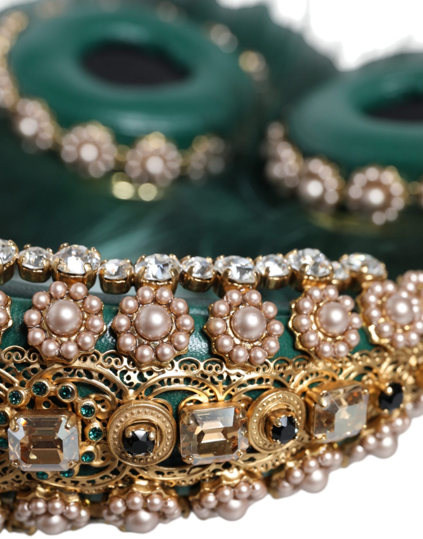 Dolce &amp; Gabbana Grün Gold Kristall Pelz Headset Audio AUX Kopfhörer