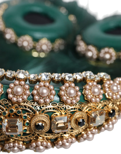 Dolce &amp; Gabbana Grün Gold Kristall Pelz Headset Audio AUX Kopfhörer