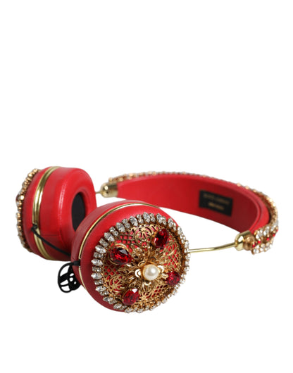 Dolce &amp; Gabbana – Kopfhörer aus rotem Nappaleder mit Blumen- und Kristalldesign