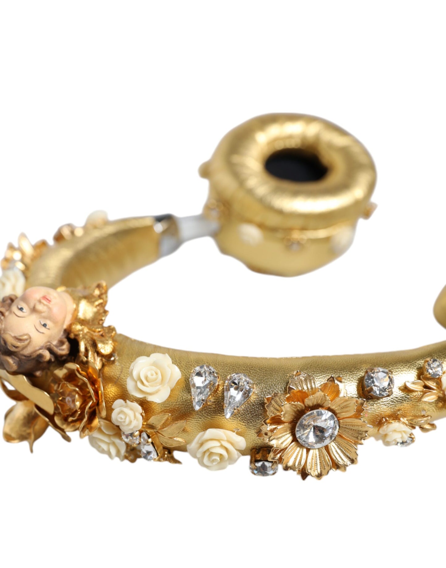 سماعات رأس دولتشي آند غابانا الذهبية المصنوعة من الجلد والزهور والكريستال والملاك