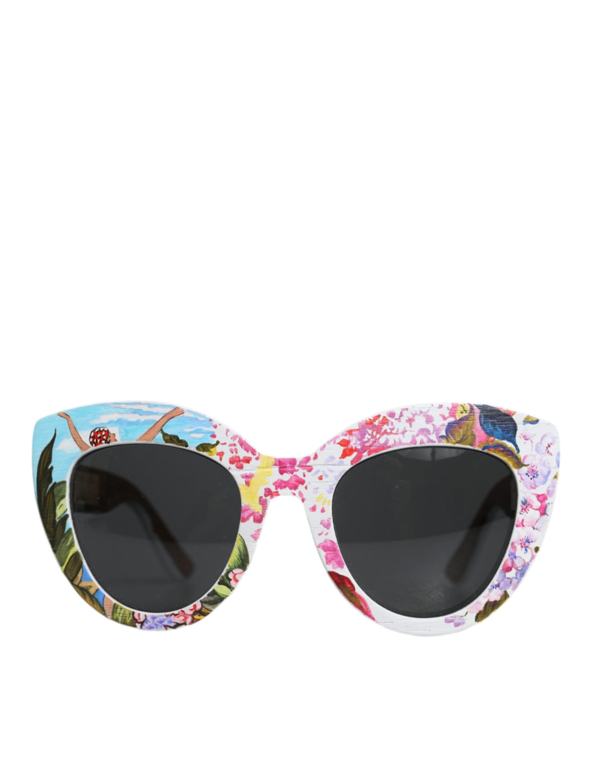 Dolce &amp; Gabbana Sonnenbrille mit mehrfarbigem Holz- und Kristallrahmen aus Messing und handbemaltem Blumenmuster