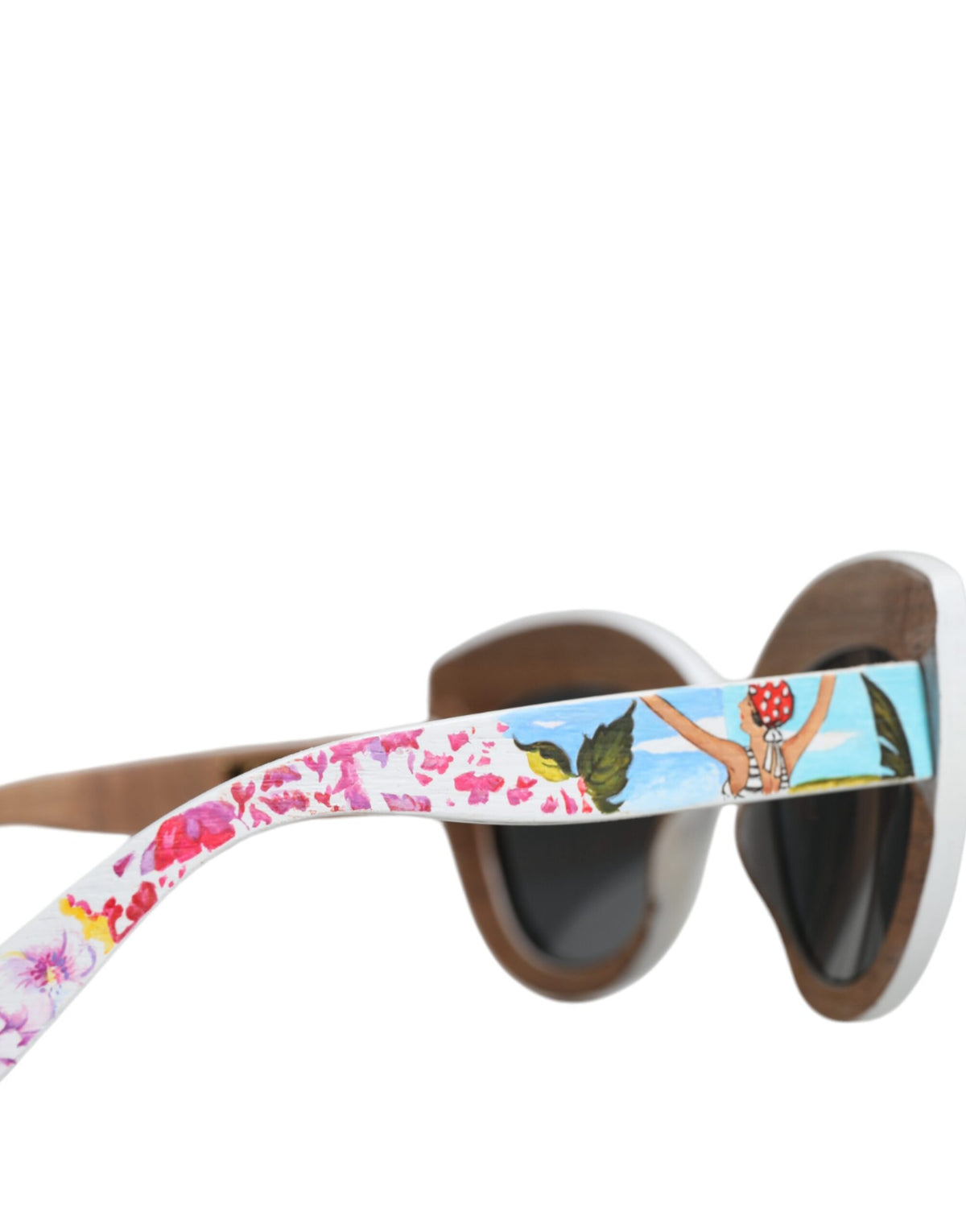 Dolce &amp; Gabbana Sonnenbrille mit mehrfarbigem Holz- und Kristallrahmen aus Messing und handbemaltem Blumenmuster
