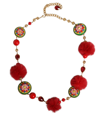 Dolce &amp; Gabbana Torero-Gürtel aus goldenem Messing mit rotem Pelz und Kristallen