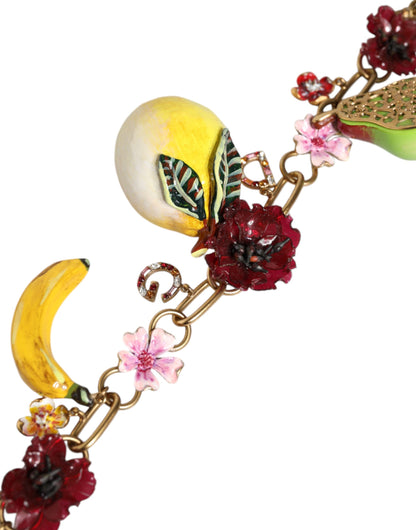 Dolce &amp; Gabbana Halskette mit Fruchtanhängern und Blumen und Kristalllogo aus goldenem Messing
