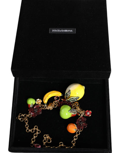 Dolce &amp; Gabbana Halskette mit Fruchtanhängern und Blumen und Kristalllogo aus goldenem Messing