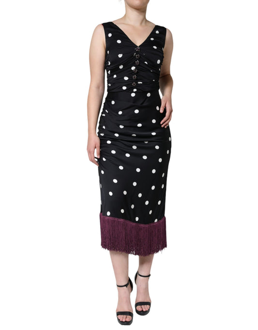 Dolce & Gabbana – Schwarzes Midikleid aus Seide mit V-Ausschnitt und Quasten und Polka Dots