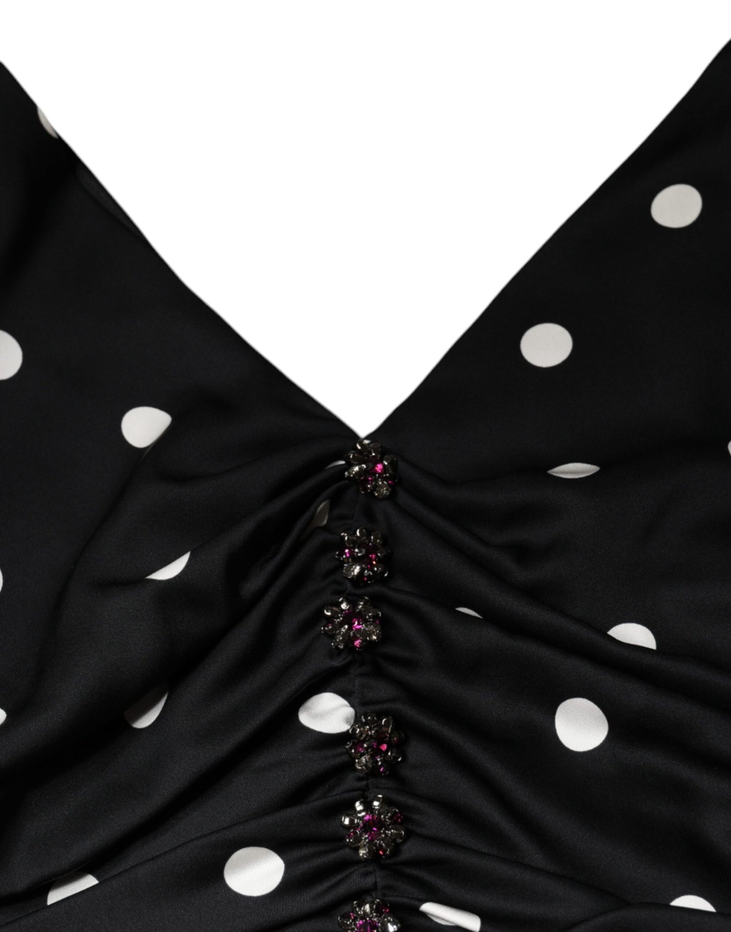 Dolce &amp; Gabbana – Schwarzes Midikleid aus Seide mit V-Ausschnitt und Quasten und Polka Dots