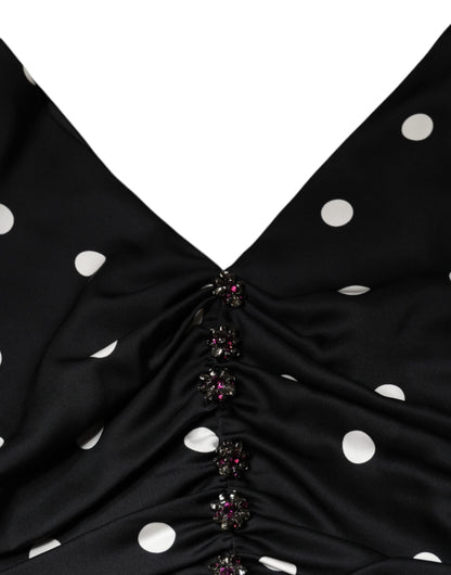 Dolce &amp; Gabbana – Schwarzes Midikleid aus Seide mit V-Ausschnitt und Quasten und Polka Dots