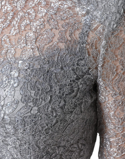 Dolce &amp; Gabbana – Figurbetontes Midi-Etuikleid mit Blumenspitze in Silber