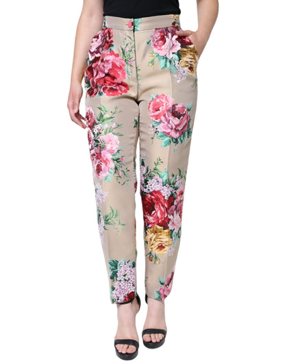 Dolce &amp; Gabbana Beigefarbene, hoch taillierte, konische Jacquard-Hose mit Blumenmuster
