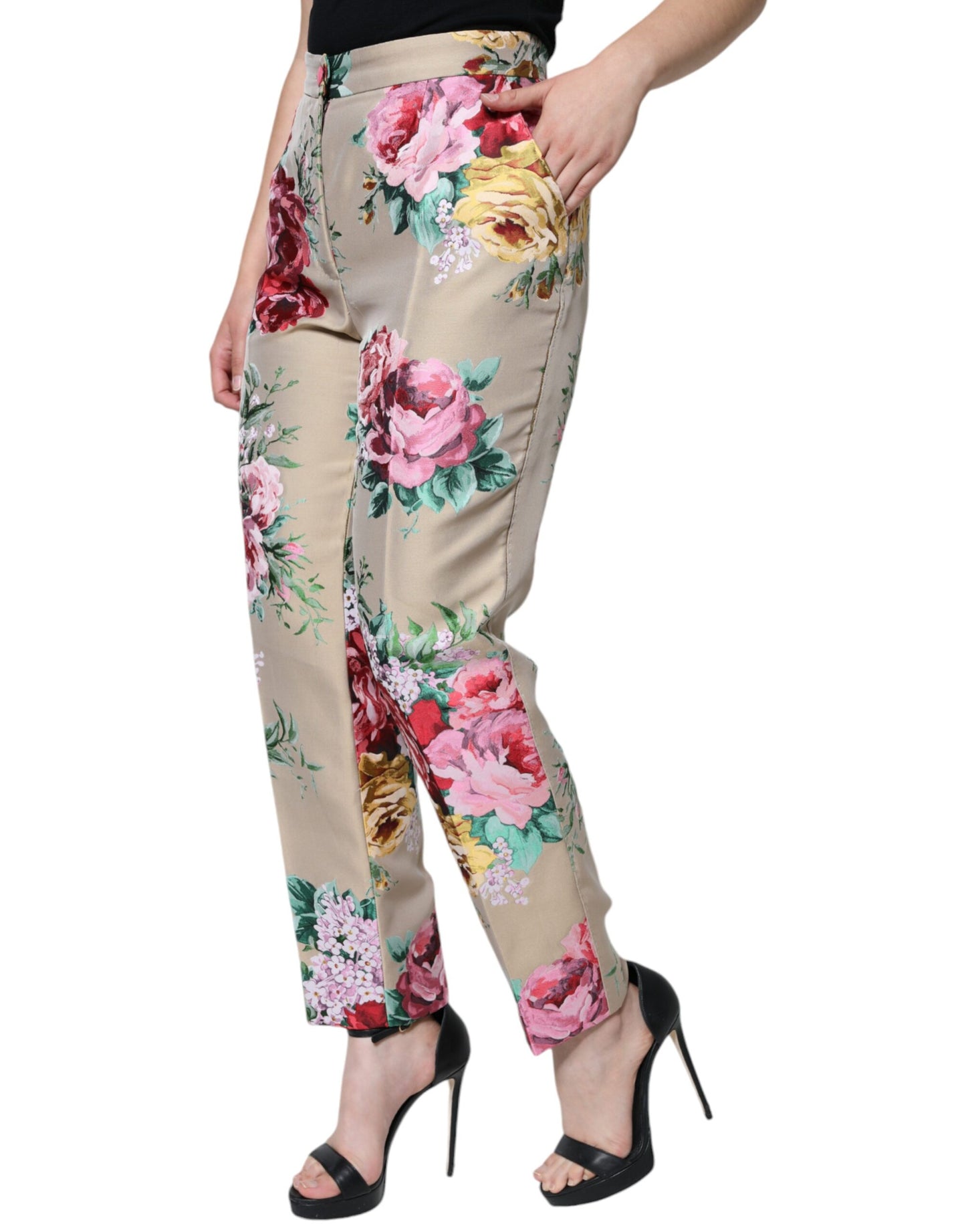 Dolce &amp; Gabbana Beigefarbene, hoch taillierte, konische Jacquard-Hose mit Blumenmuster