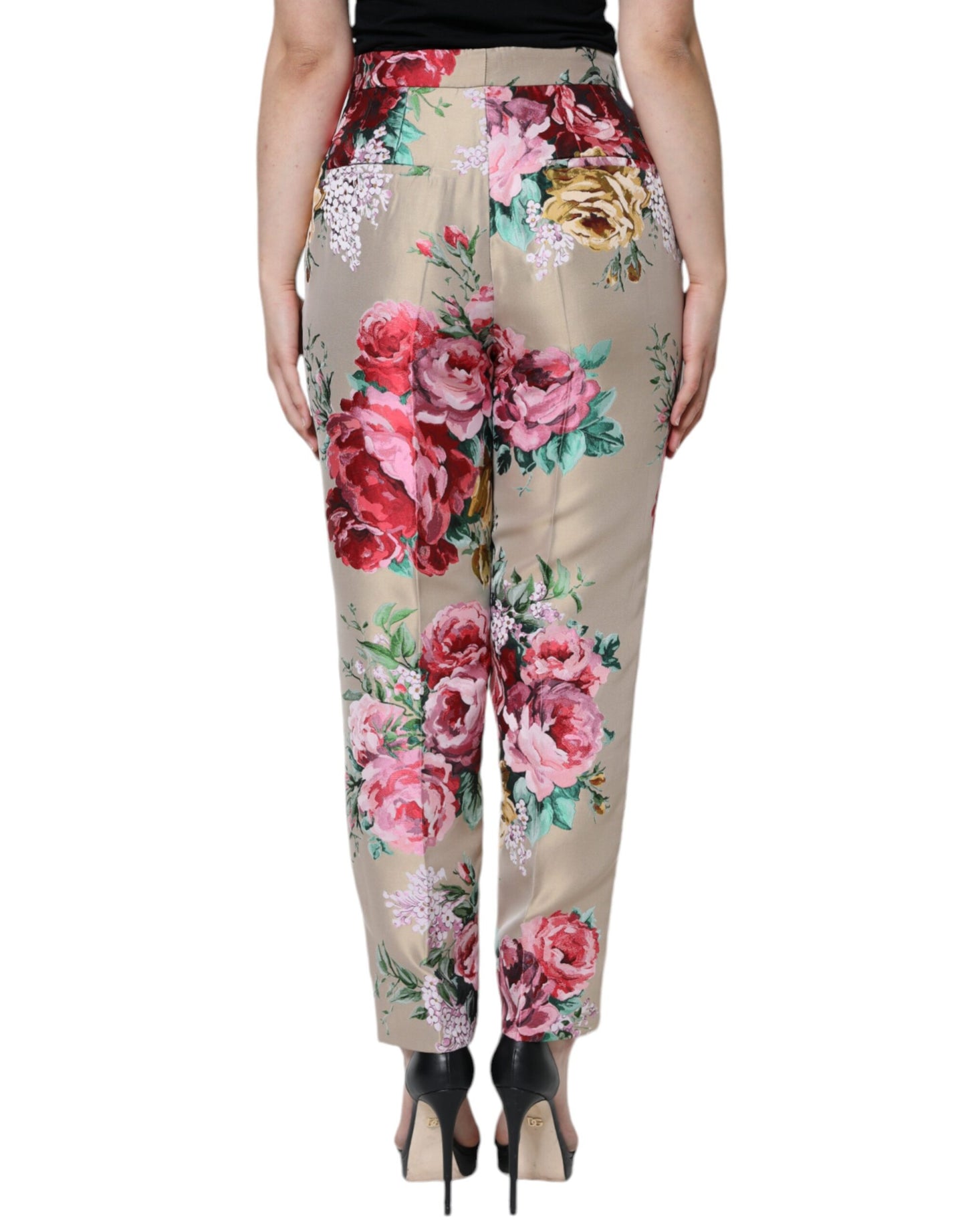 Dolce &amp; Gabbana Beigefarbene, hoch taillierte, konische Jacquard-Hose mit Blumenmuster