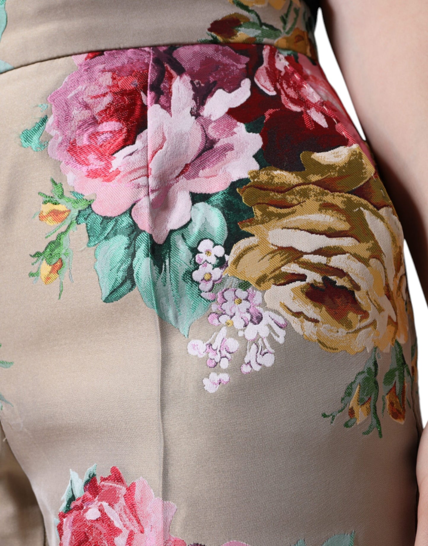 Dolce &amp; Gabbana Beigefarbene, hoch taillierte, konische Jacquard-Hose mit Blumenmuster