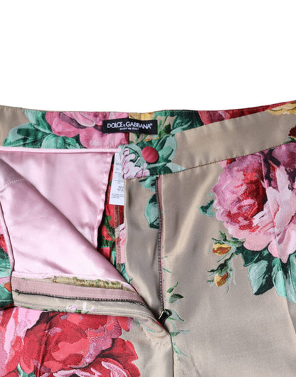 Dolce &amp; Gabbana Beigefarbene, hoch taillierte, konische Jacquard-Hose mit Blumenmuster